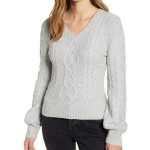 Rachel Parcell Gray Sequin Glittery Puff Sleeves Gray Sweater
